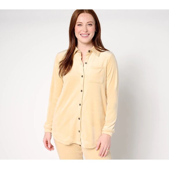 Cuddl Duds Double Plush Velour Tunic Shirt Size Large Button Front Soft Gold - Picture 1 of 7